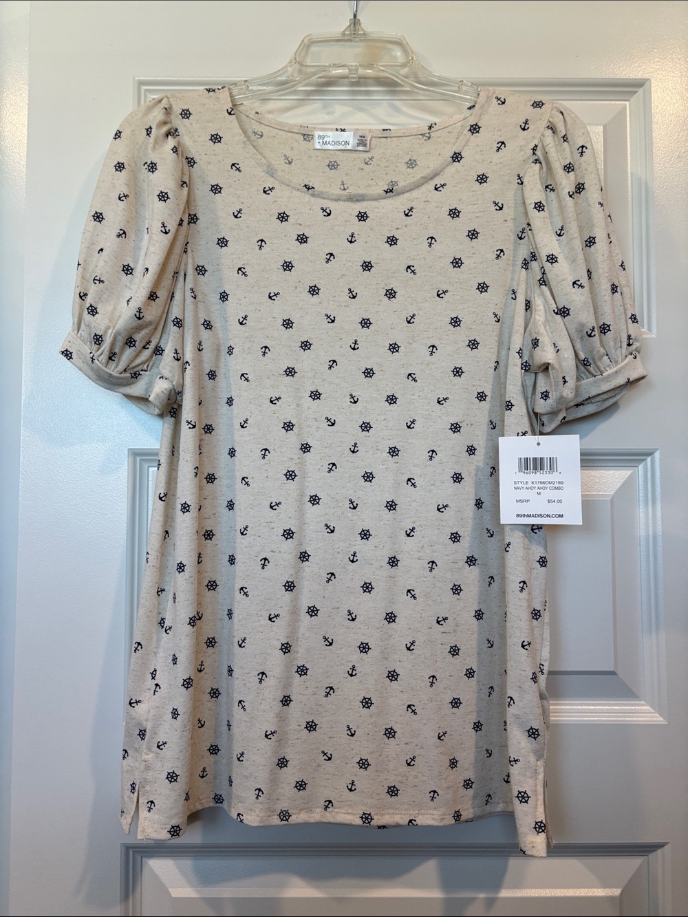 Madison Cream Top with Navy Nautical Motif and Puff Sleeves - Picture 1 of 4